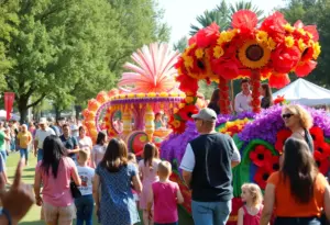 Families enjoying the Red Poppy Festival with colorful floats and live music.
