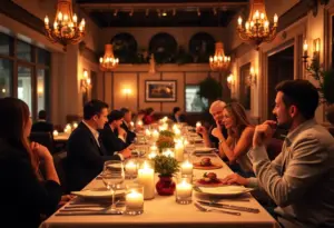 Cozy and romantic dining experience in a dimly lit restaurant with couples enjoying their meals.