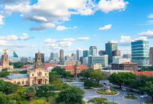A panoramic view of San Antonio, Texas highlighting its modern skyline and cultural landmarks.
