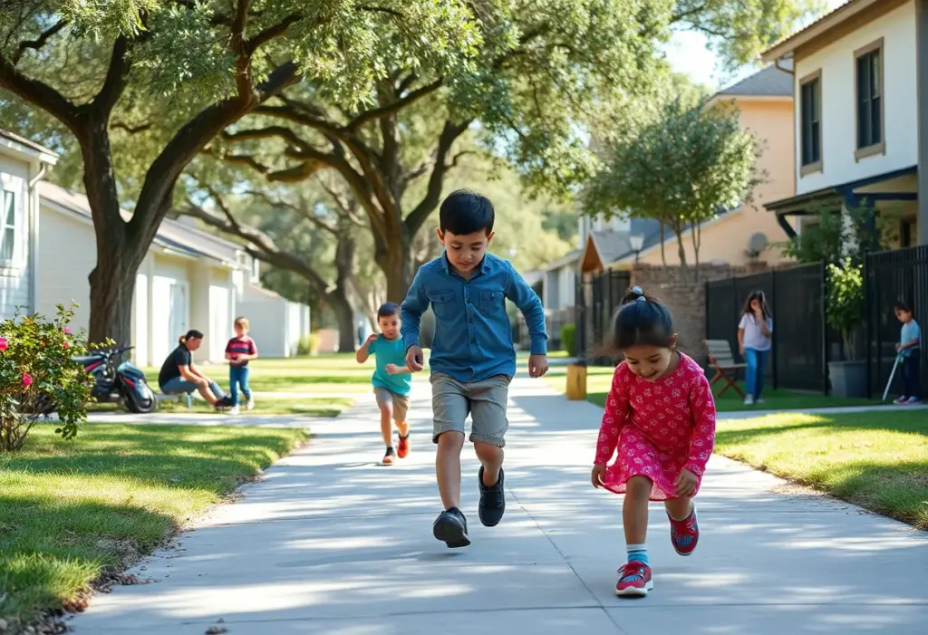 Community children playing in a safe residential area of San Antonio