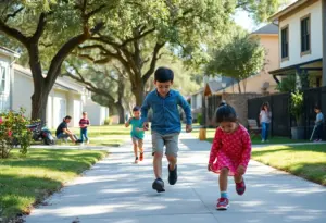 Community children playing in a safe residential area of San Antonio
