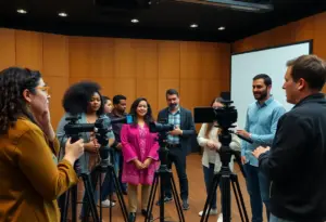 Actors engaged in a self-taping workshop
