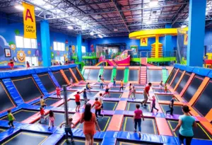 An indoor trampoline park with colorful trampolines and families having fun