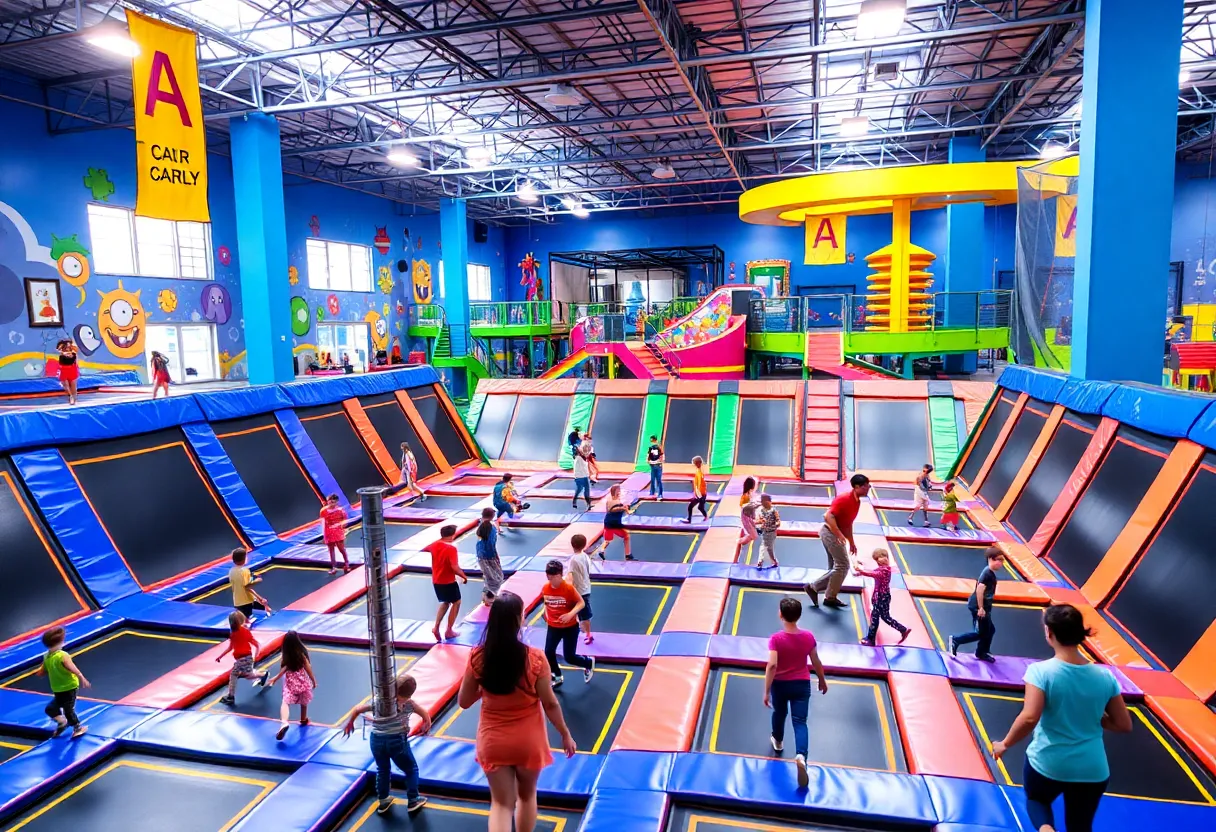 An indoor trampoline park with colorful trampolines and families having fun