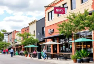 Vibrant businesses in South Austin with people enjoying outdoor dining and fitness activities.
