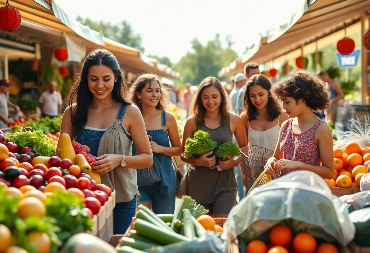 Families shopping for groceries during summer with additional support.