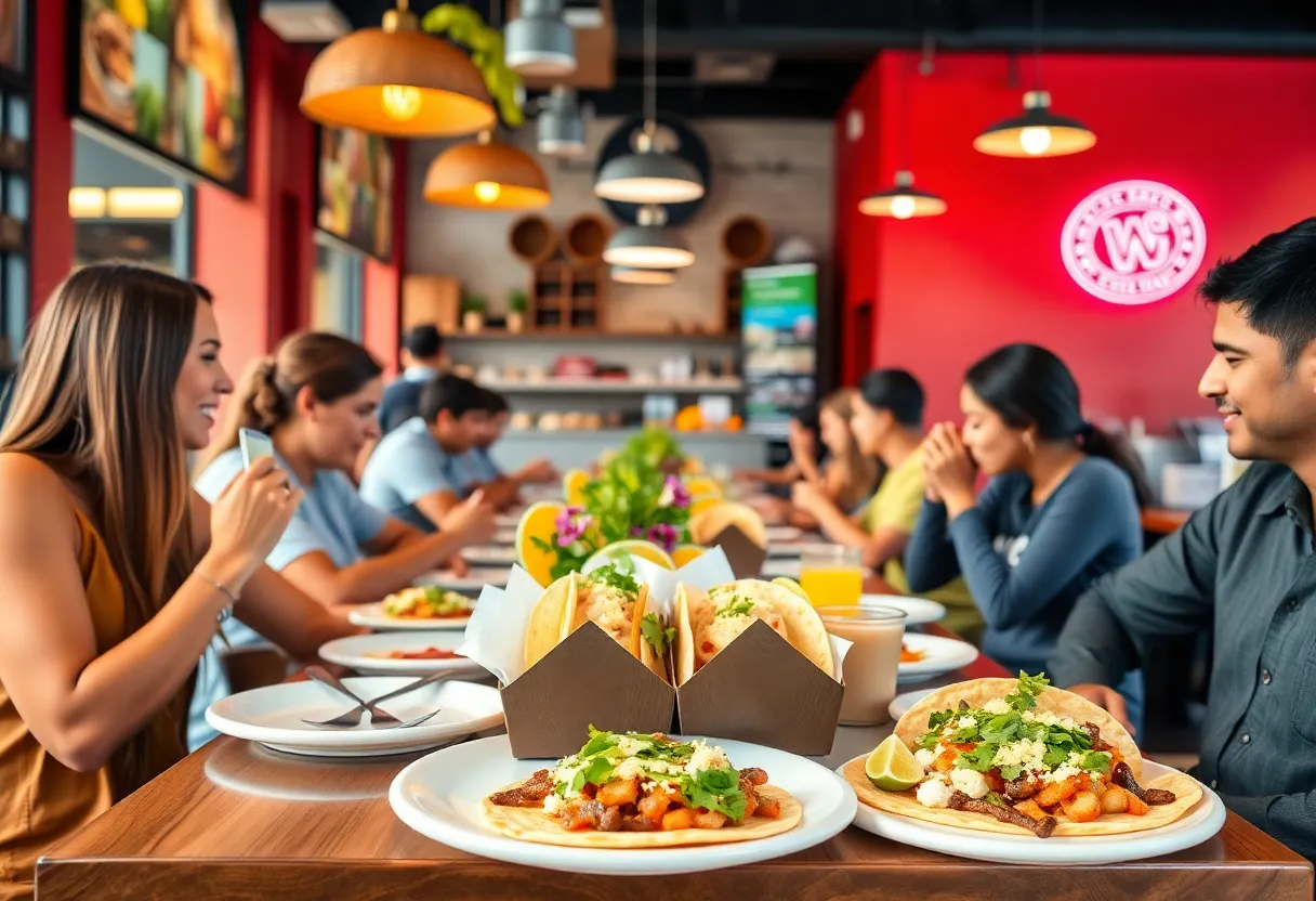 A view of the interior of a Tacodeli restaurant showcasing breakfast and lunch options.
