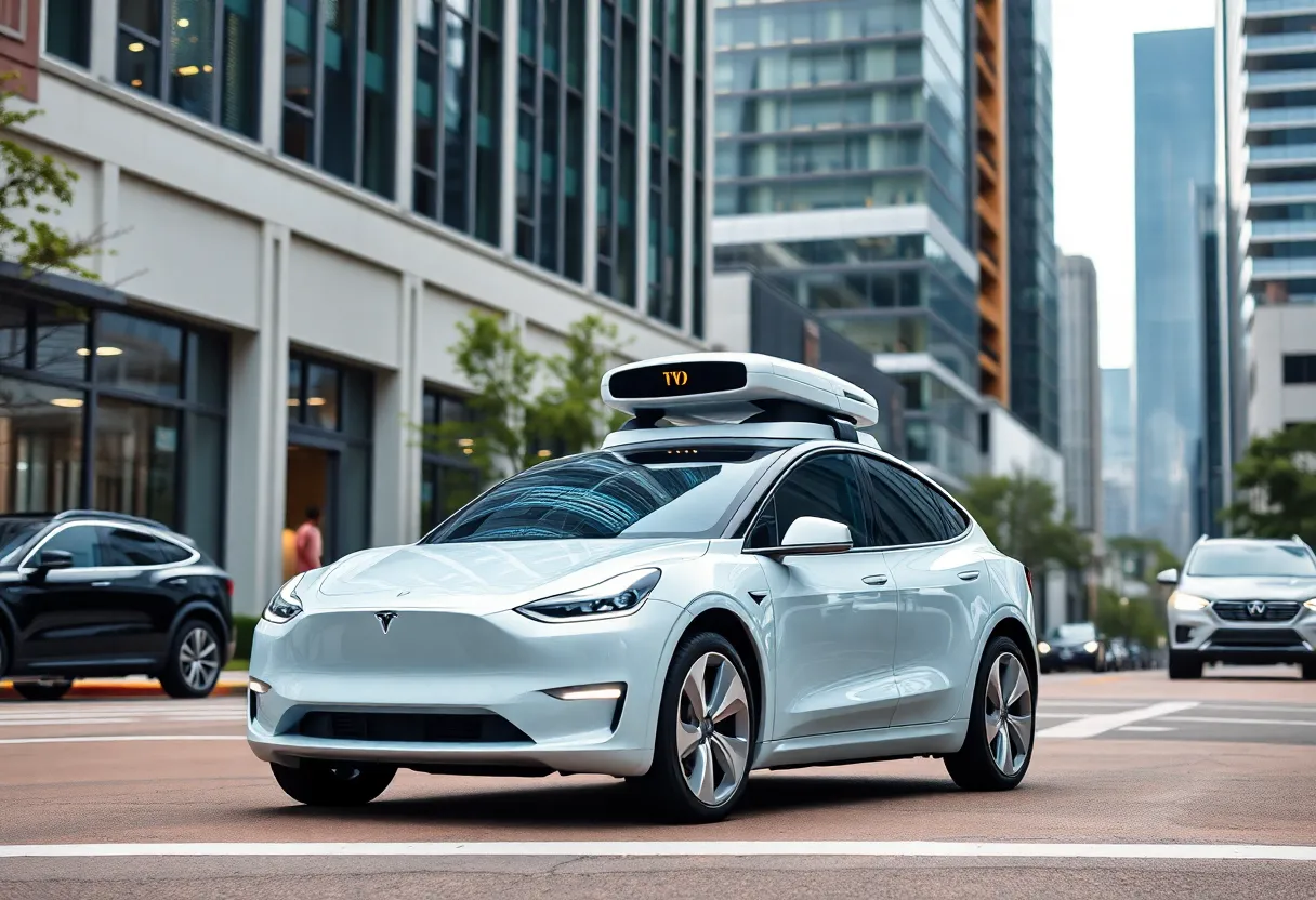 A Tesla Model Y robotaxi driving in Austin's urban landscape