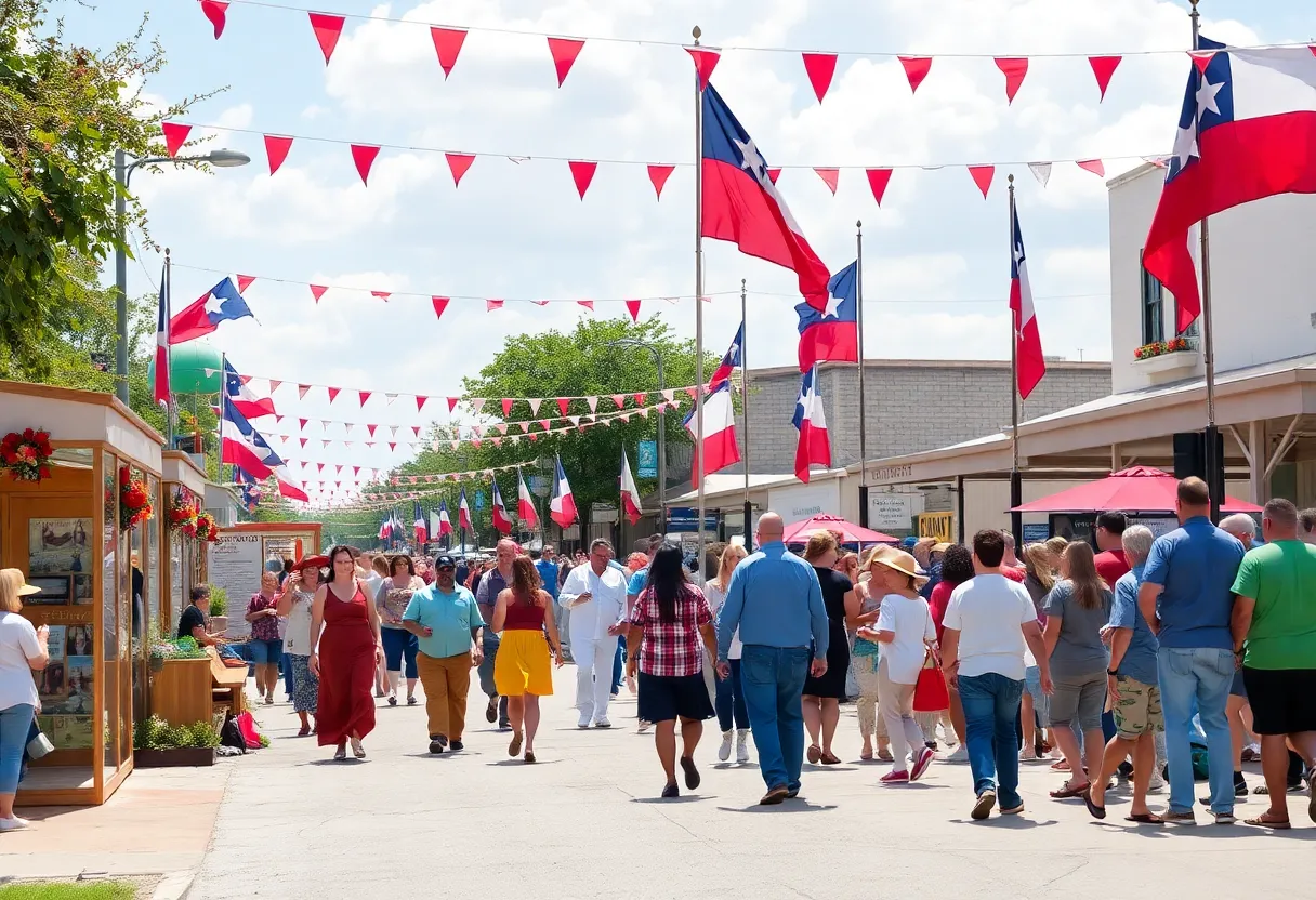 Festive scene of Texas 250th anniversary celebration with community activities
