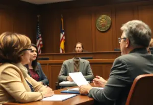 Courtroom scene with educators discussing First Amendment rights