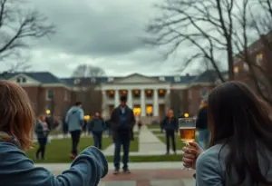 University campus representing responsible drinking and the consequences of overserving alcohol.