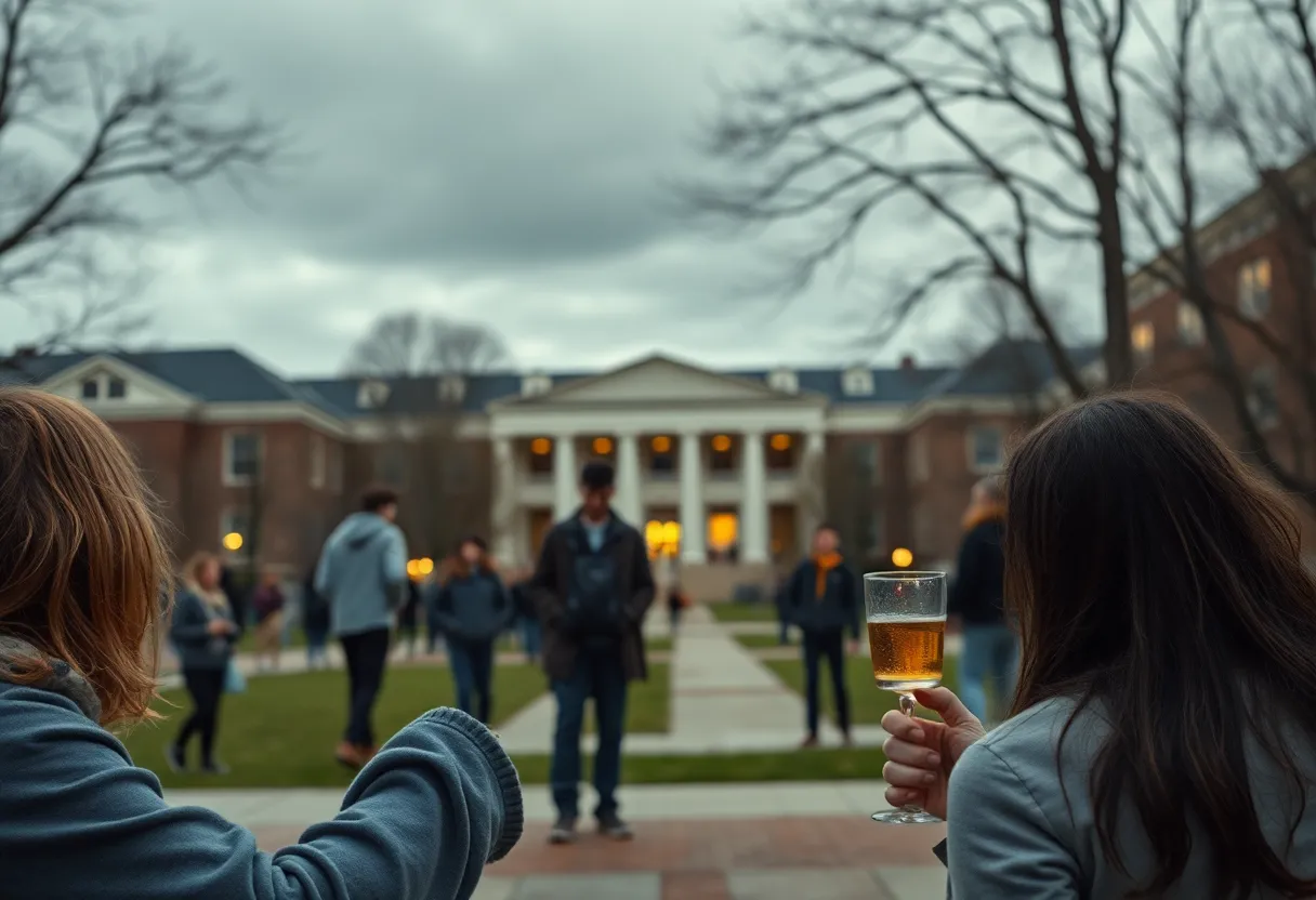 University campus representing responsible drinking and the consequences of overserving alcohol.