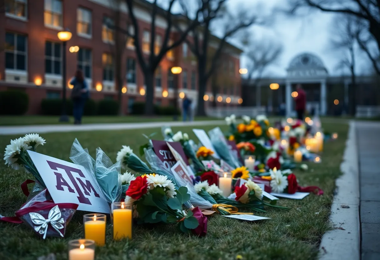 Memorial for a Texas A&M student with flowers and candles.