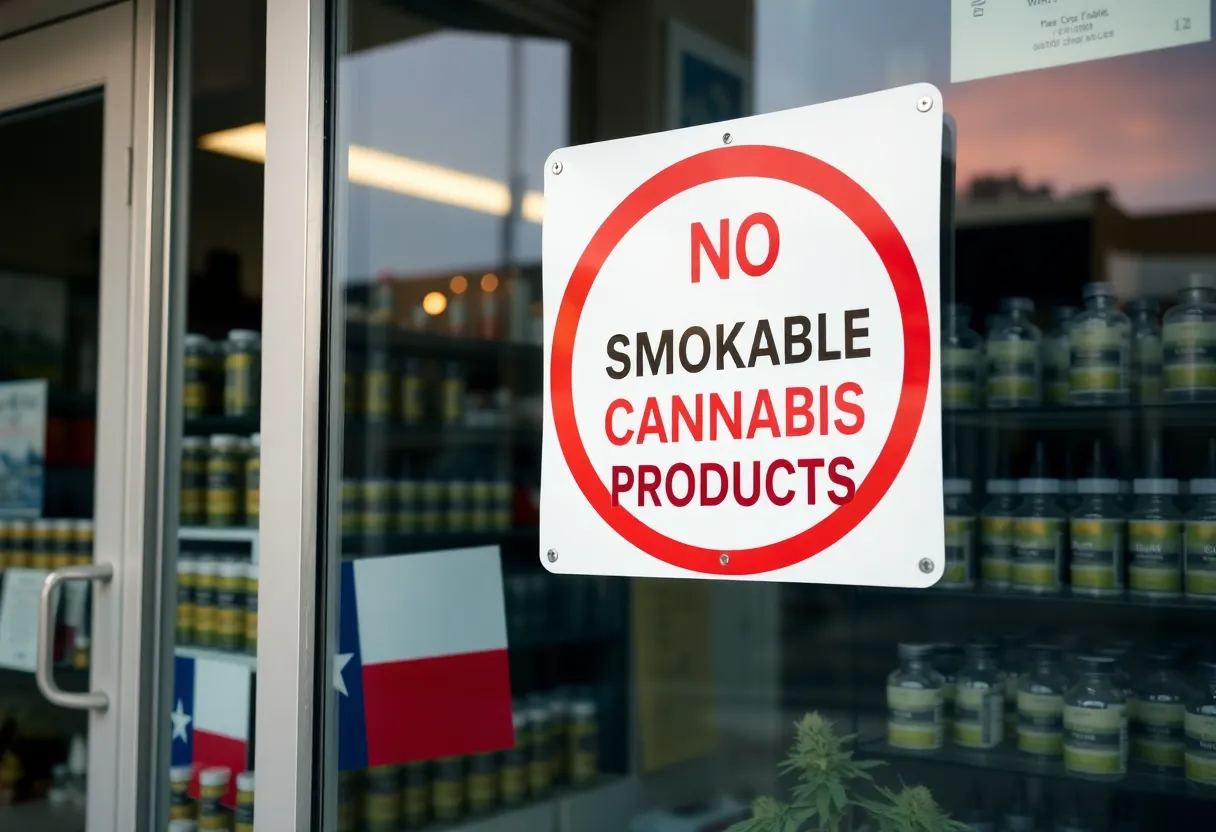 Storefront displaying cannabis products with a ban sign