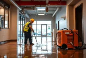 Restoration team working on flood recovery in commercial property