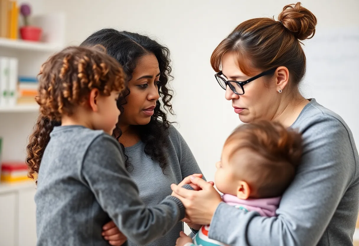 Mother and child discussing child care services
