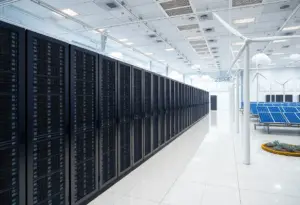 A modern data center in Texas with renewable energy features.
