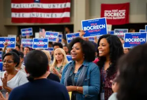 Vibrant Texas Democratic campaign rally with diverse attendees.
