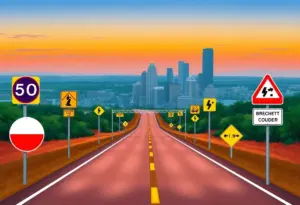 Illustration depicting Texas driving laws with a view of Austin
