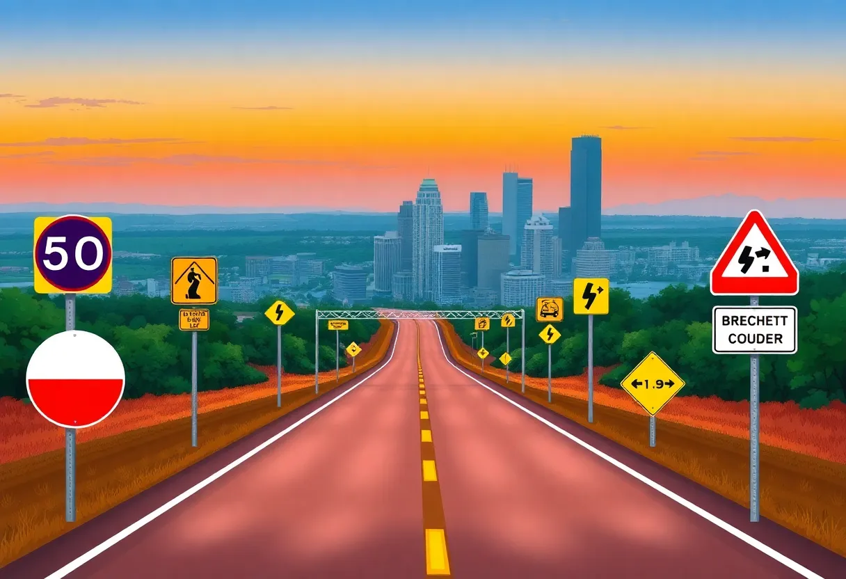 Illustration depicting Texas driving laws with a view of Austin