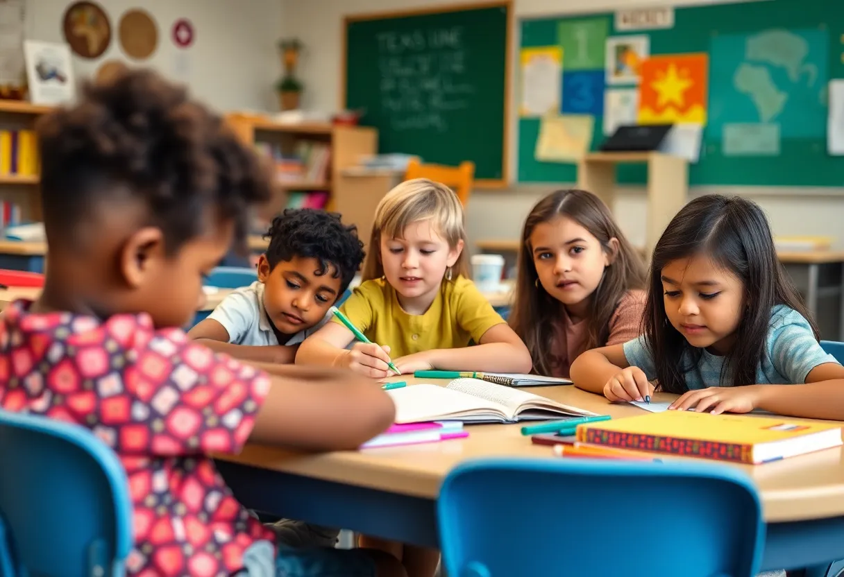 A diverse classroom scene in a Texas private school focused on education.