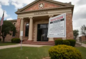 A photo of a Texas courthouse with eviction notices visible.