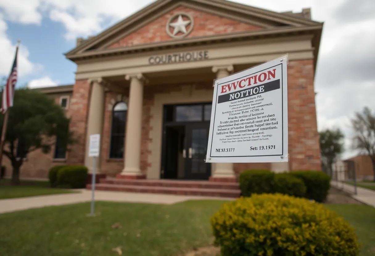 A photo of a Texas courthouse with eviction notices visible.