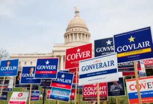 Campaign signs for Texas gubernatorial candidates in front of the state capitol