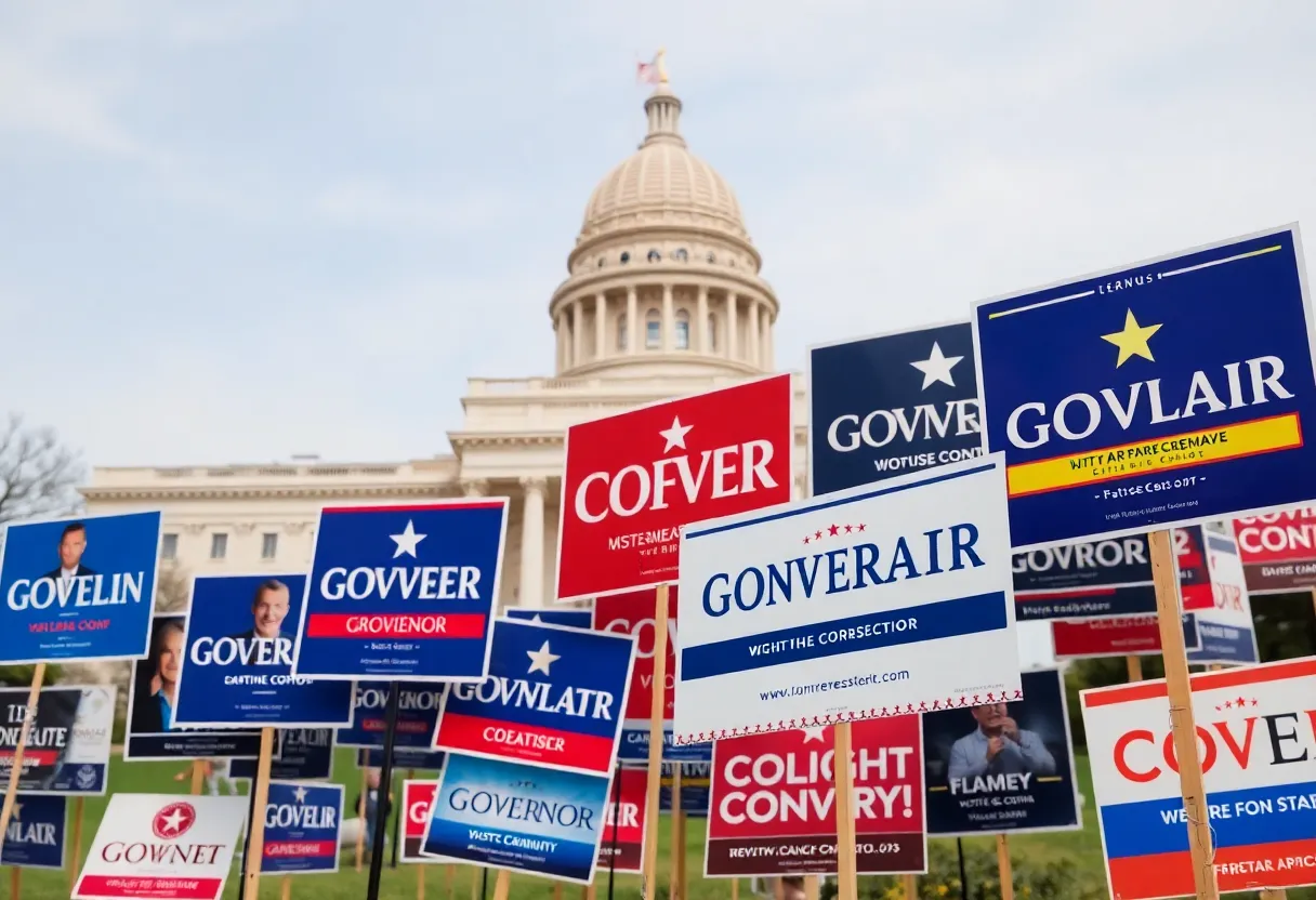 Campaign signs for Texas gubernatorial candidates in front of the state capitol