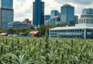 A visual representation of the Texas hemp field with small businesses and corporate buildings.