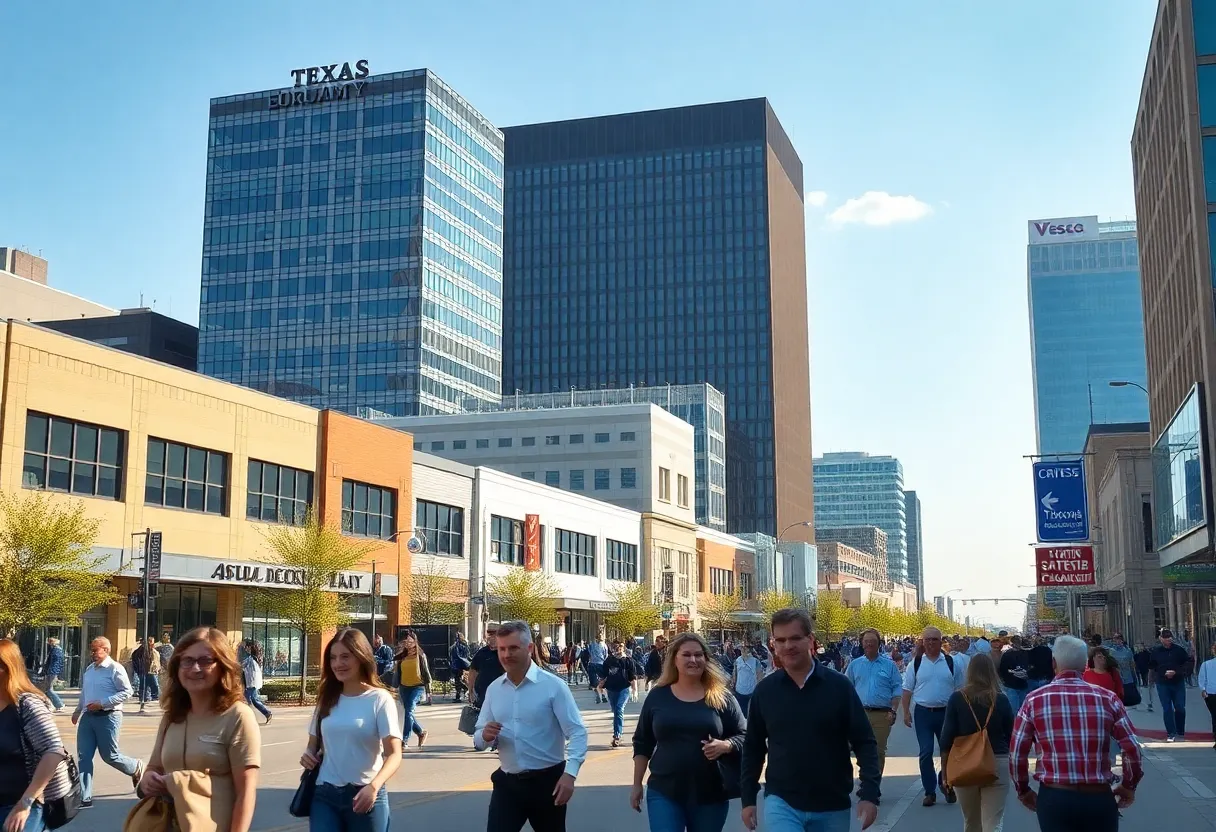 Aerial view of a busy Texas city symbolizing high employment rates.