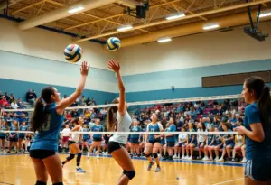 High school volleyball game in action with players and spectators