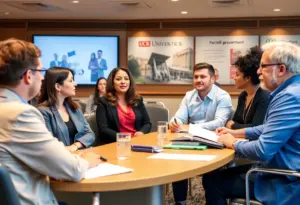 Professionals in a meeting focused on Texas higher education policies.