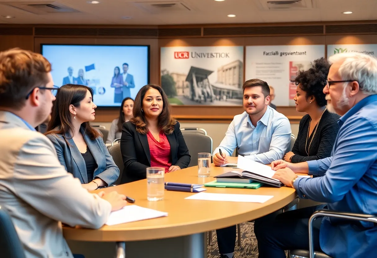 Professionals in a meeting focused on Texas higher education policies.