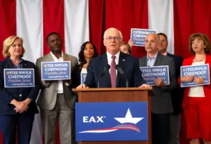 Candidates standing at a podium for the Texas lieutenant governor primary discussion