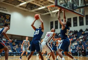 Texas Longhorns celebrating a decisive victory over Auburn in basketball.