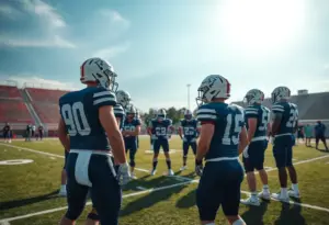 Texas Longhorns players strategizing on the football field