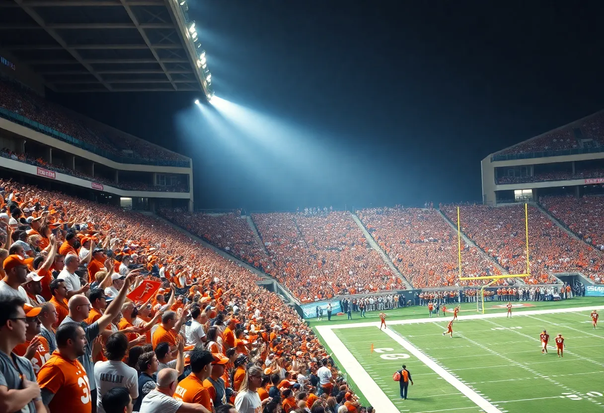Crowd cheering inside the Texas Longhorns football stadium.