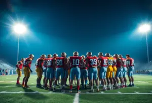 Texas Longhorns football team in a huddle on the field