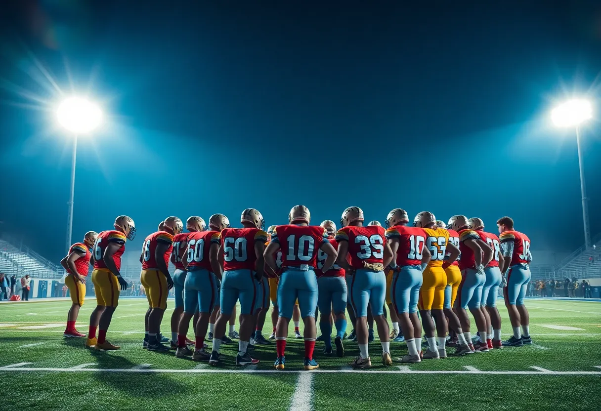 Texas Longhorns football team in a huddle on the field