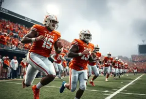 Texas Longhorns football players in action during practice.