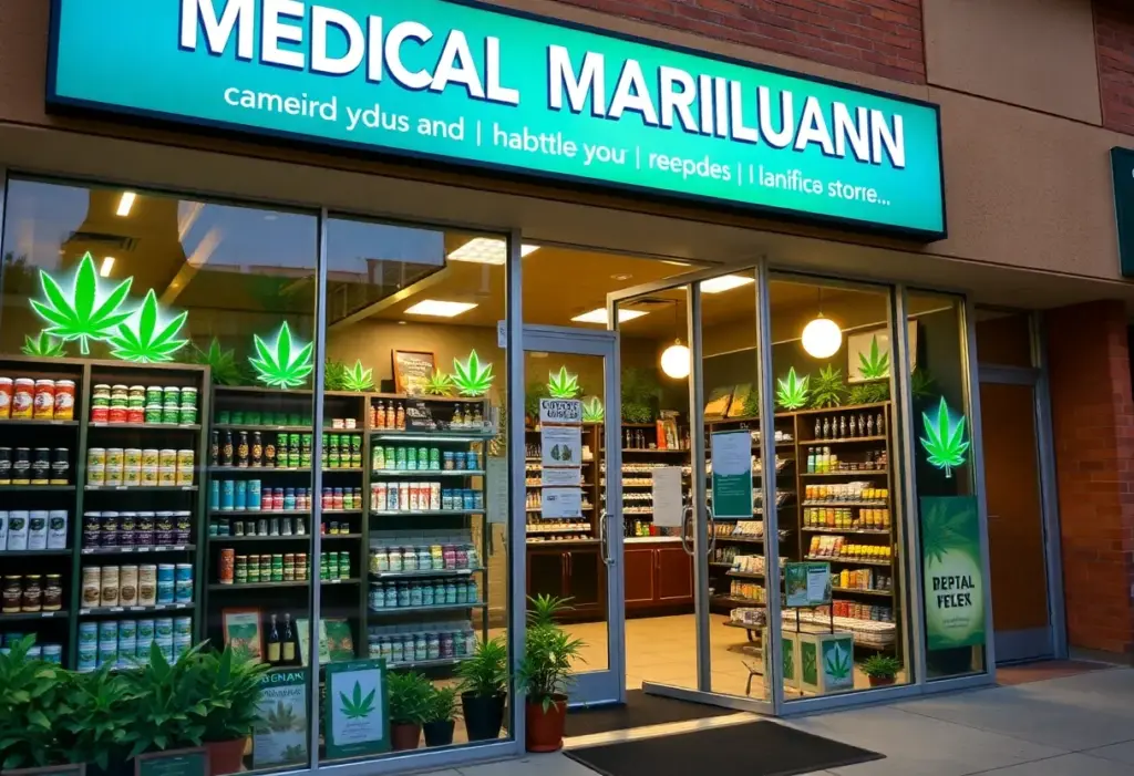 Exterior view of a Texas medical marijuana dispensary featuring various cannabis products.