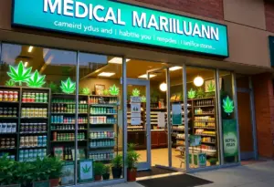 Exterior view of a Texas medical marijuana dispensary featuring various cannabis products.