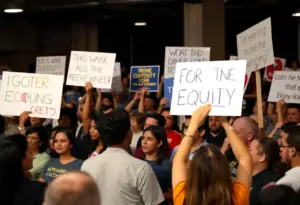 Diverse crowd at a political rally in Texas discussing diversity and equity issues.