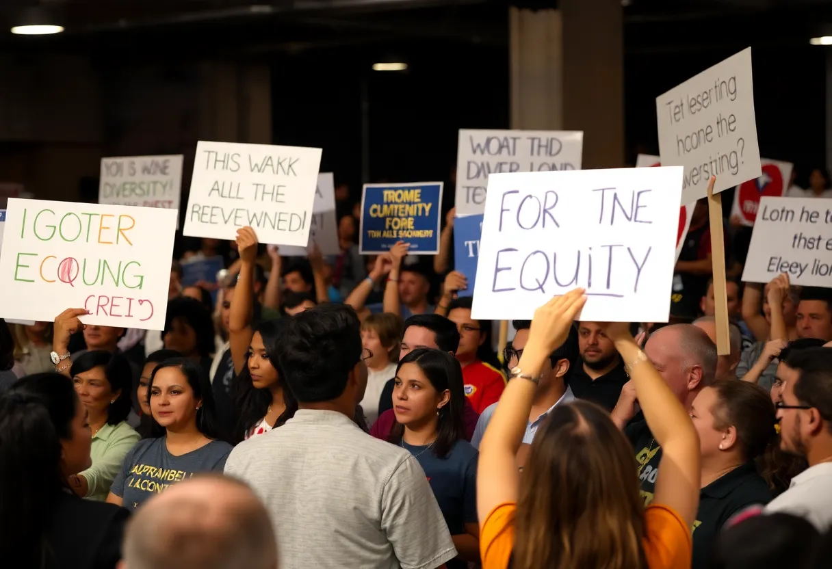 Diverse crowd at a political rally in Texas discussing diversity and equity issues.