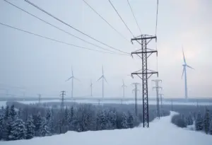 Power lines and wind turbines in snowy conditions symbolizing Texas power grid resilience.