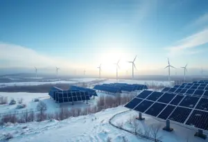 Texas power grid with wind turbines and solar panels in winter setting
