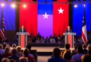 Political debate stage set in Texas with candidates and audience