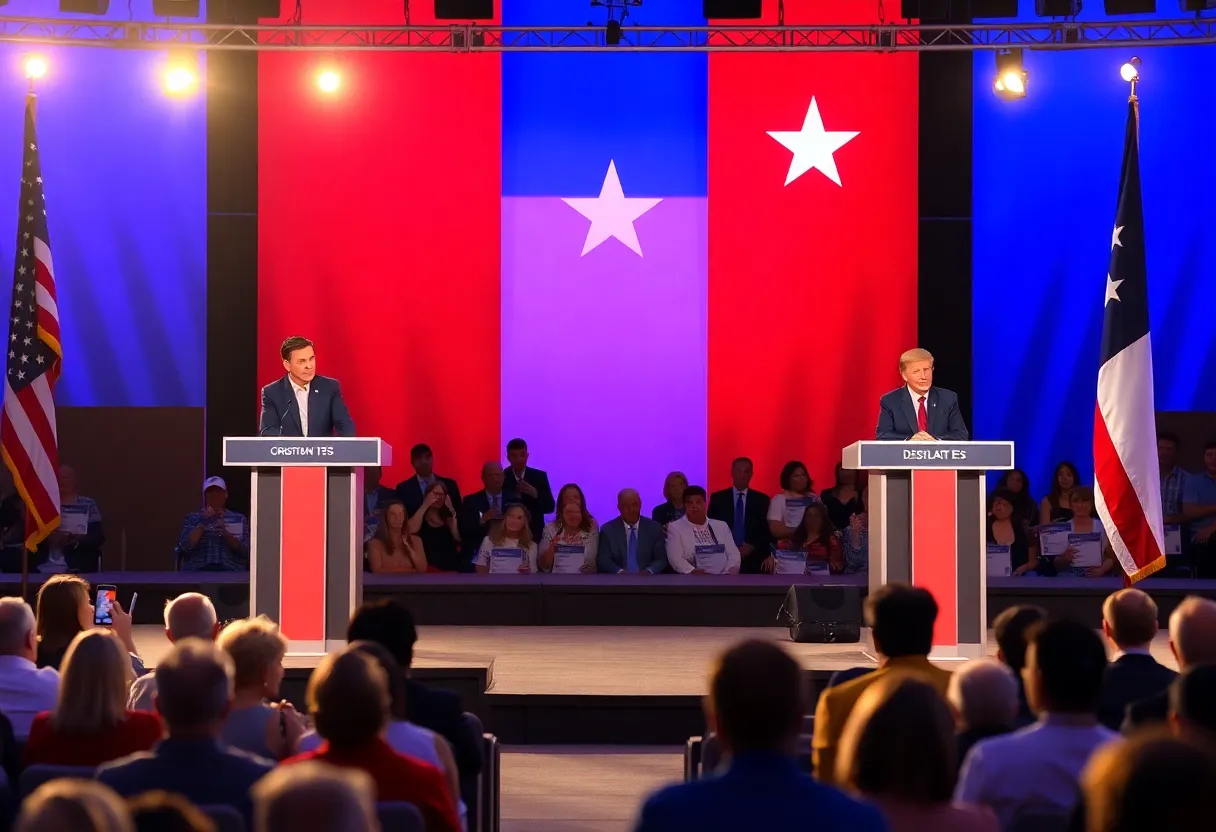 Political debate stage set in Texas with candidates and audience
