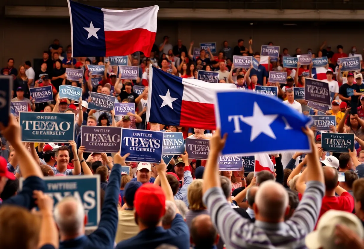 Supporters rallying for the Texas Senate Democratic primary with campaign signs